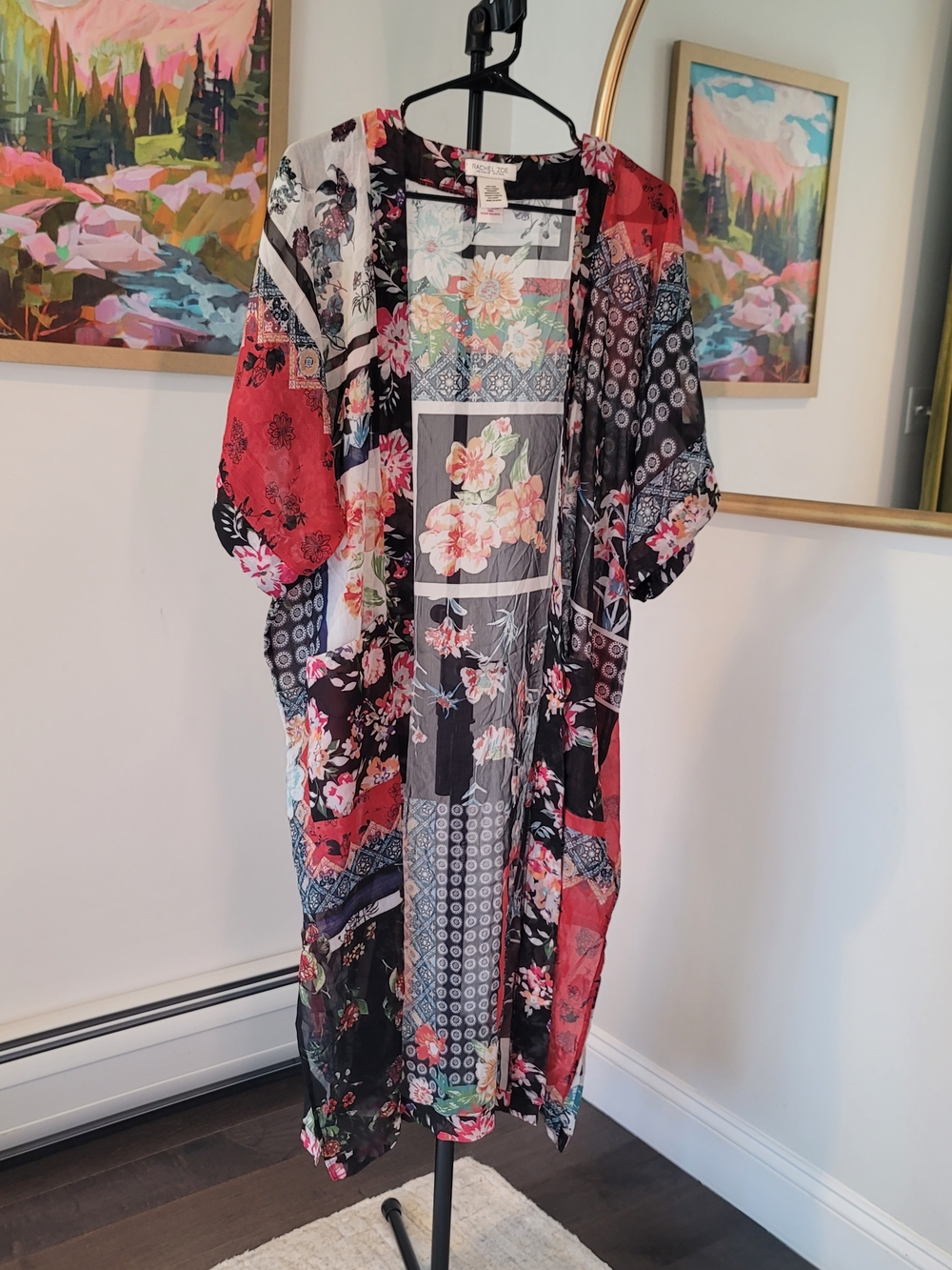 EUC RACHEL ZOE Patchwork Floral Kimono Robe Pockets Boho Women's Size OS - Picture 2 of 10